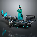 Woman in Green Dress and Hat Standing Beside Futuristic Mechanical Structure with Blue Lights