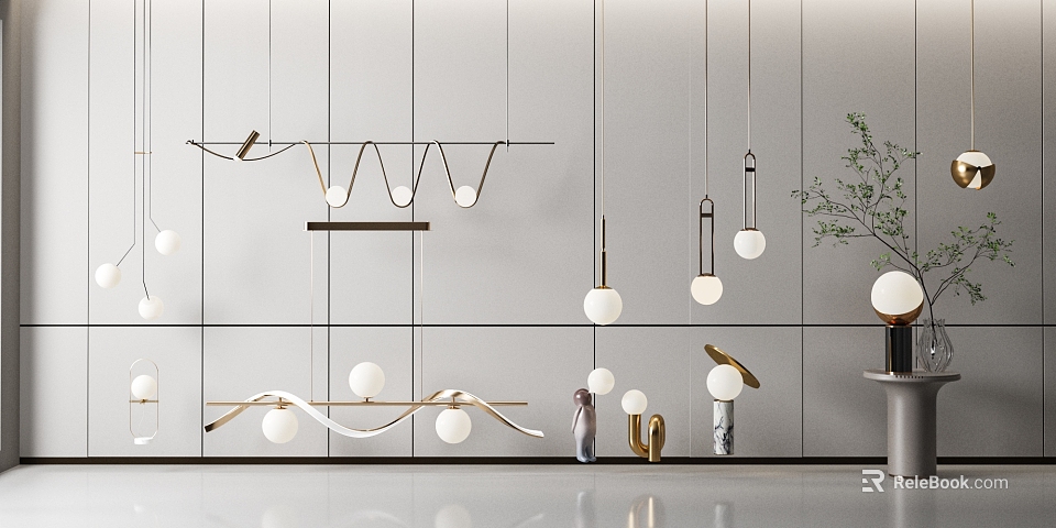 Modern Pendant Lighting Combinations With Curved Metal Frames And White Globe Shades 3d model 
