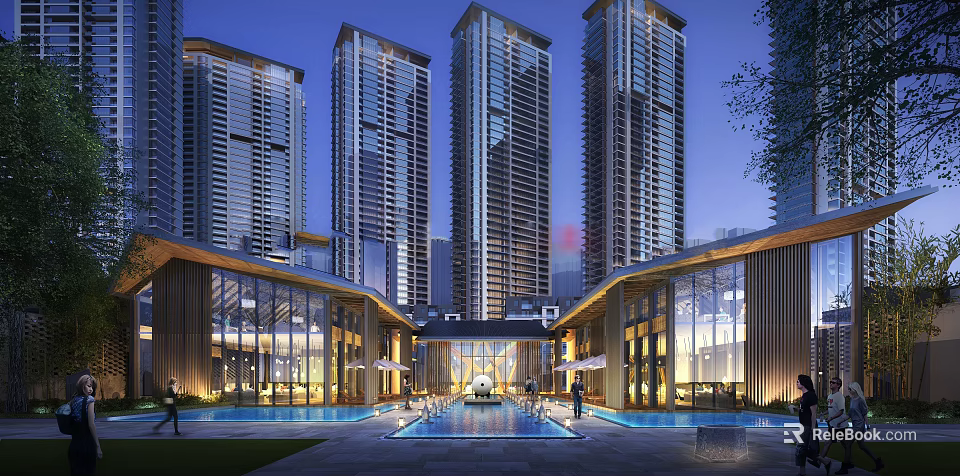Modern High Rise Residential Building With Glass Curtain Wall Entrance And Central Water Pool 3d model 
