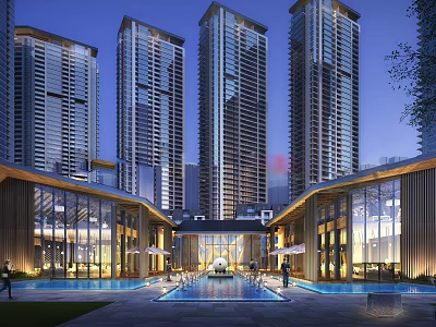 Modern High Rise Residential Building With Glass Curtain Wall Entrance And Central Water Pool 3d model