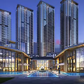 Modern High Rise Residential Building With Glass Curtain Wall Entrance And Central Water Pool