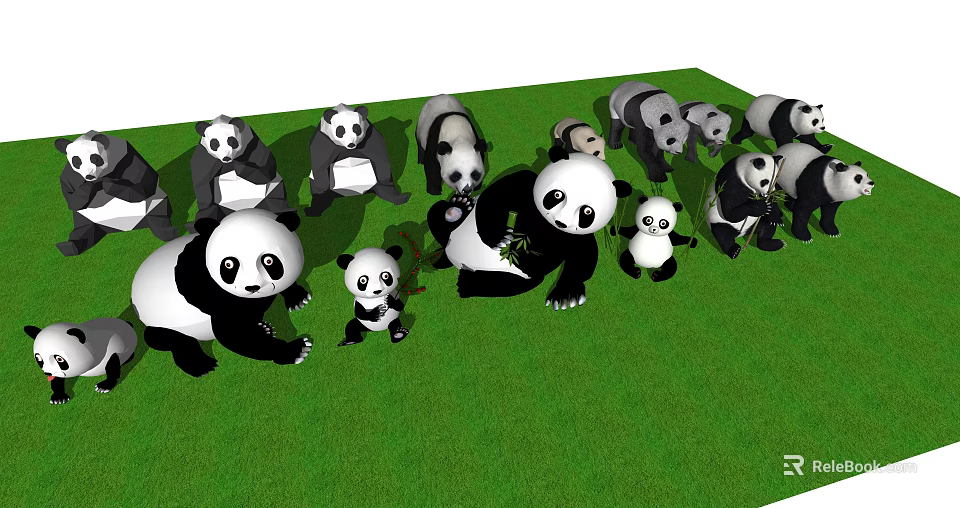 Cute Panda Dolls Group with Various Sizes on Green Grass Field 3d model 