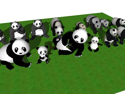 Cute Panda Dolls Group with Various Sizes on Green Grass Field 3d model
