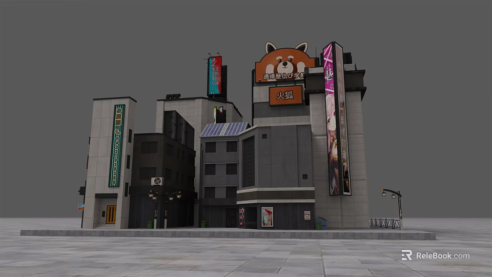 Multi Story Modern Commercial Complex With Cartoon Character Sign And Billboards 3d model 