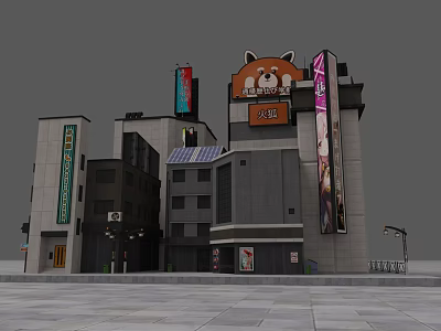 Multi Story Modern Commercial Complex With Cartoon Character Sign And Billboards 3d model