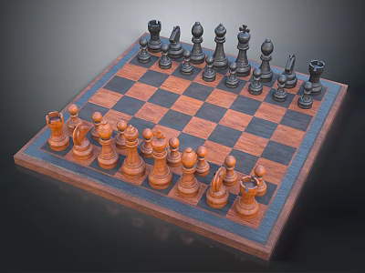 Wooden Chessboard With Checkered Pattern And Neatly Arranged Black White Chess Pieces 3d model