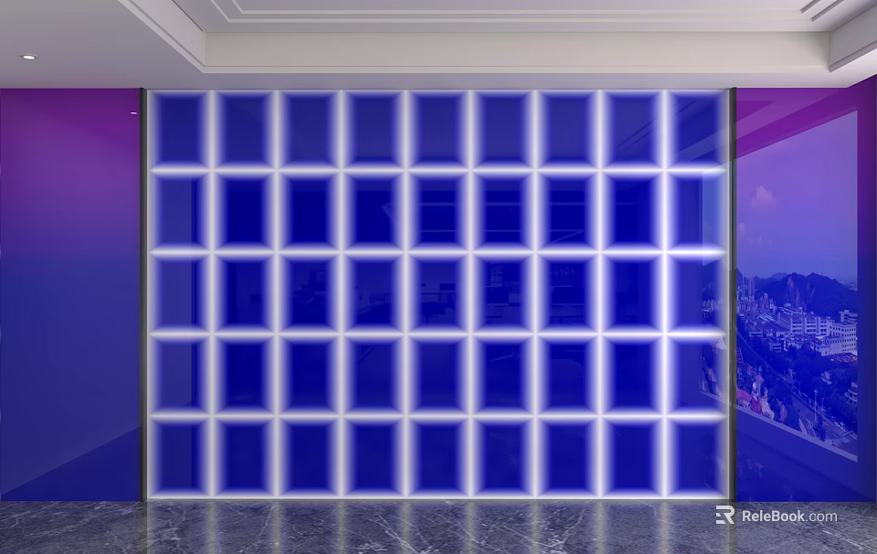 Modern Illuminated Background Wall With Blue Grid Pattern And Square Panels 3d model 