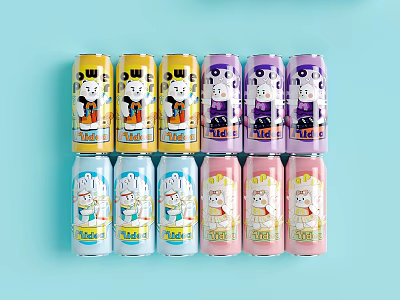 Vibrant Beverage Cans With Cartoon Designs In Various Bright Colors Arranged Neatly 3d model