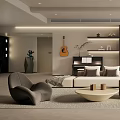 Modern Living Room Interior Design With Large Sofa Coffee Tables Guitar And Decorative Shelves