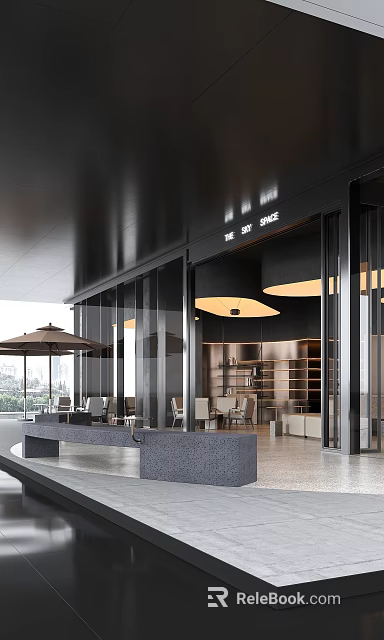 Contemporary Café Exterior Featuring Glass Doors Outdoor Seating Umbrella And Interior Lighting 3d model 