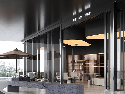 Contemporary Café Exterior Featuring Glass Doors Outdoor Seating Umbrella And Interior Lighting 3d model