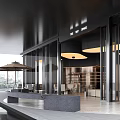 Contemporary Café Exterior Featuring Glass Doors Outdoor Seating Umbrella And Interior Lighting