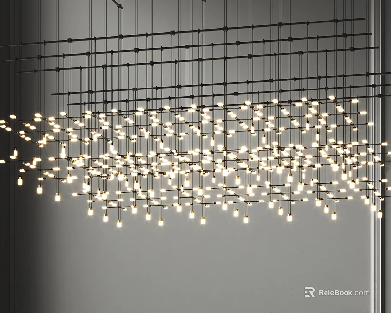 Stylish Modern Chandelier With Grid Design And Numerous Small Hanging Bulbs 3d model 