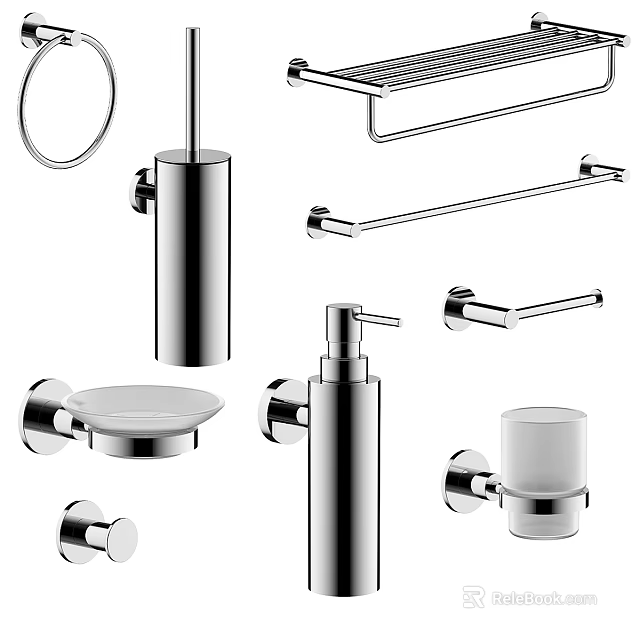 Sleek Chrome Bathroom Accessories Set With Towel Bar Soap Dispenser And Tumbler Holder 3d model 