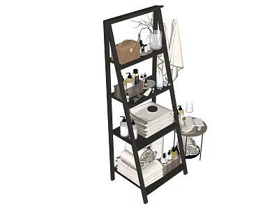 Laundry and Daily Essentials Organized on Black Multi Tier Ladder Shelf with Towels Toiletries and Storage Baskets 3d model