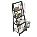 Laundry and Daily Essentials Organized on Black Multi Tier Ladder Shelf with Towels Toiletries and Storage Baskets