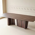 Modern Wooden Dining Table With Dark Brown Wood Grain Top Double Column Legs Light Colored Walls Simple Decorative Molding And Bright Lighting