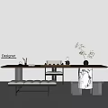 Designer Modern Tea Table And Chairs With Bench Tea Set And Decorative Plant 3d model