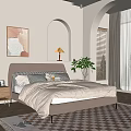 Comfortable Double Bed With Brown Headboard Striped Quilt Pillows Nightstand And Green Plant