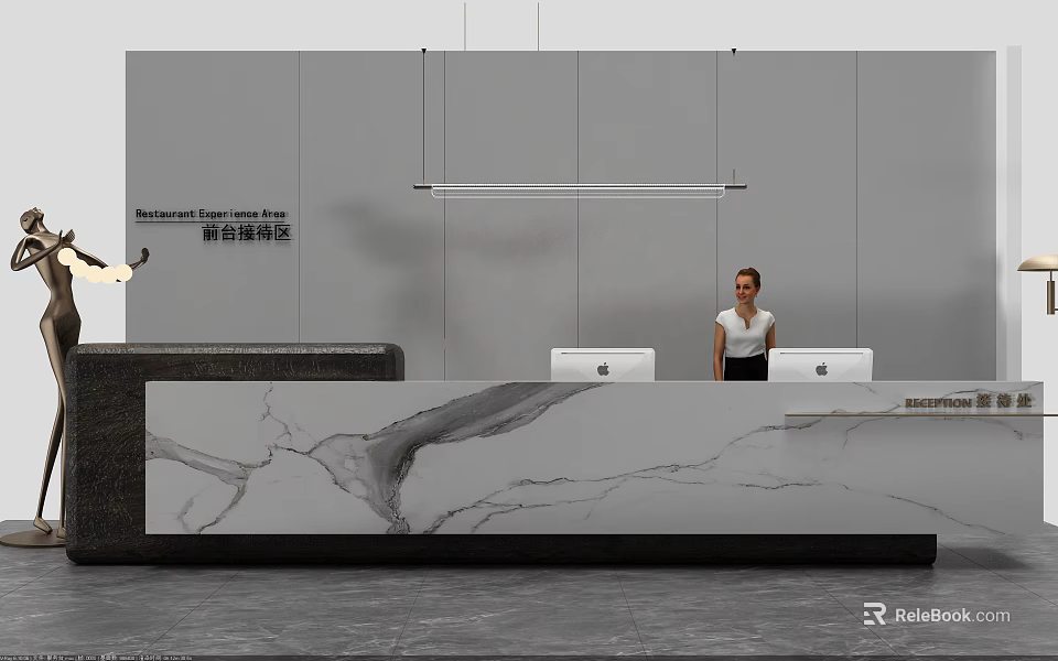 Elegant Modern Front Desk Reception Design With Marble Countertop And Receptionist Background Wall 3d model 