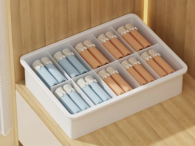 Neatly Folded Colorful Clothes Organized in White Storage Box with Multiple Compartments on Wooden Cabinet 3d model