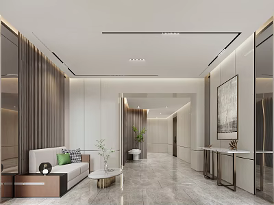 Modern Elegant Elevator Lobby With White Walls Wooden Accents Sofa Green Plants And Marble Floor 3d model
