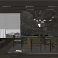 Modern Restaurant Interior With Dining Table Leather Chairs Pendant Lights And Stone Accent Wall 3d model