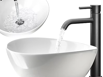 White Ceramic Bowl Shaped Bathroom Wash Basin With Modern Black Faucet And Flowing Water 3d model