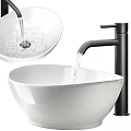 White Ceramic Bowl Shaped Bathroom Wash Basin With Modern Black Faucet And Flowing Water