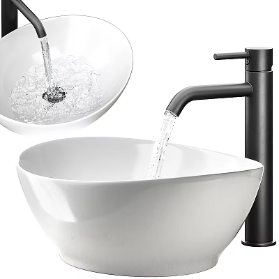 White Ceramic Bowl Shaped Bathroom Wash Basin With Modern Black Faucet And Flowing Water 3d model