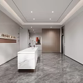 Modern Office Reception Area With Bright Lighting Marble Countertop Green Plants And City View