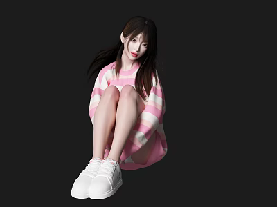 Woman Sitting in Pink and White Striped Sweater Pink Shorts White Sneakers on Black Background 3d model