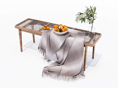 Wooden Footstool Decorated With Grey Blanket Fresh Fruit Bowl And Green Plant In Vase 3d model