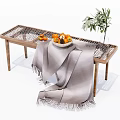 Wooden Footstool Decorated With Grey Blanket Fresh Fruit Bowl And Green Plant In Vase