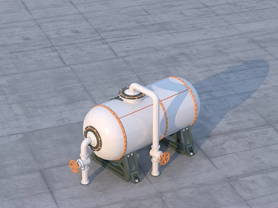 Flat Swing Door Equipped Horizontal Tank With Orange Pipes And Wheels 3d model