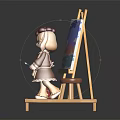 Beret Wearing Cartoon Character with Easel Colorful Painting Stool and Red Bucket on Wooden Platform