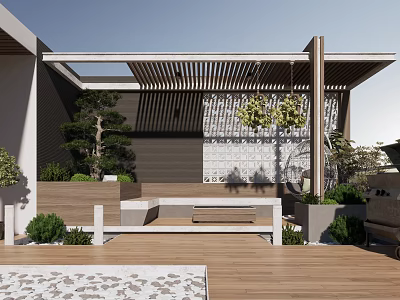 Courtyard Garden Design With Wooden Deck Bench Pine Tree Pergola Slats And Decorative Wall Tiles 3d model