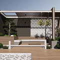 Courtyard Garden Design With Wooden Deck Bench Pine Tree Pergola Slats And Decorative Wall Tiles
