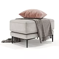Modern Upholstered Stool With Pink Cushion And Gray Blanket On Black Metal Legs