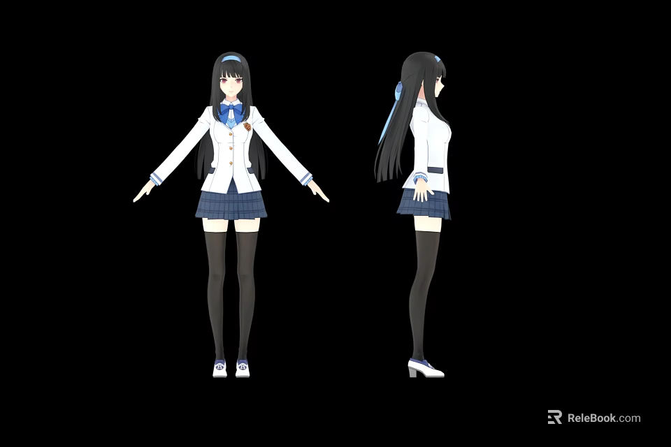 Anime Female Character in Front and Back Views Wearing White School Uniform Blue Tie Skirt 3d model 
