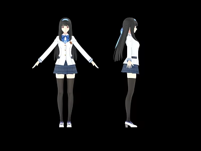 Anime Female Character in Front and Back Views Wearing White School Uniform Blue Tie Skirt 3d model
