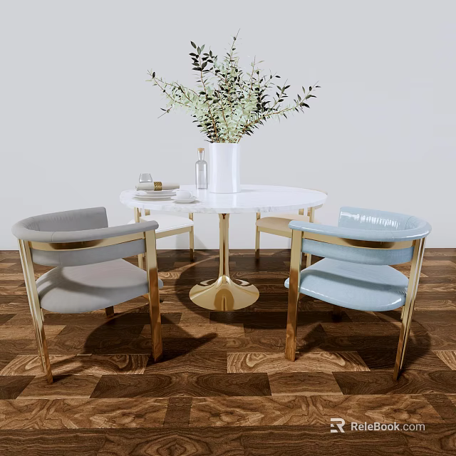 Elegant Round Dining Table Set With Light Blue Gold Frame Chairs White Vase Greenery 3d model