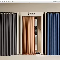 Clothing Store Fitting Rooms With Gray Brown Blue Curtains And Mirrors