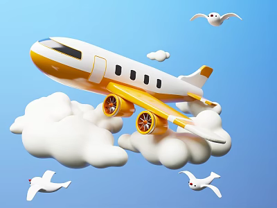White and Yellow Cartoon Airplane Flying Through White Clouds With Seagulls in Blue Sky 3d model