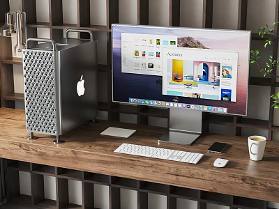 Apple Mac Pro Desktop Setup With Display Keyboard Mouse On Wooden Desk 3d model
