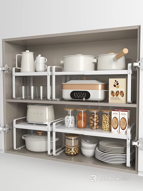 Organized Kitchen Cabinet Storage With Cookware Glasses Jars Toaster And Food Containers 3d model 