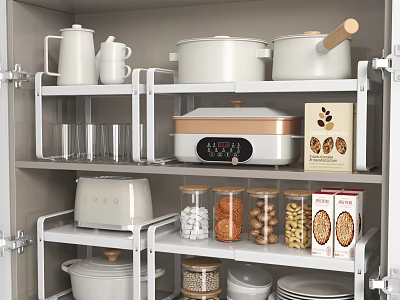 Organized Kitchen Cabinet Storage With Cookware Glasses Jars Toaster And Food Containers 3d model