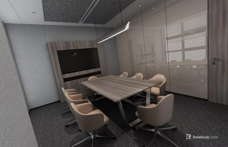Modern Meeting Room Interior Design With Long Wooden Table And Comfortable Chairs 3d model 