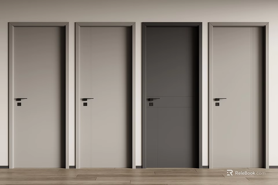 Interior Hinged Doors In Light Gray And Dark Gray With White Frames And Black Handles 3d model