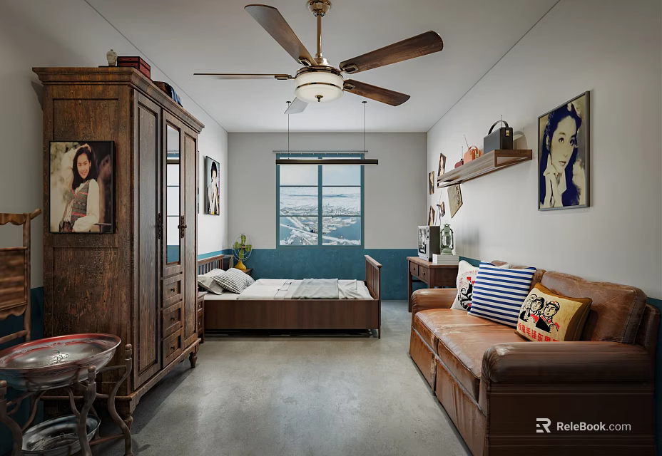 Cozy Hotel Guest Room With Wooden Wardrobe Bed Ceiling Fan Leather Sofa And Decorative Paintings 3d model 